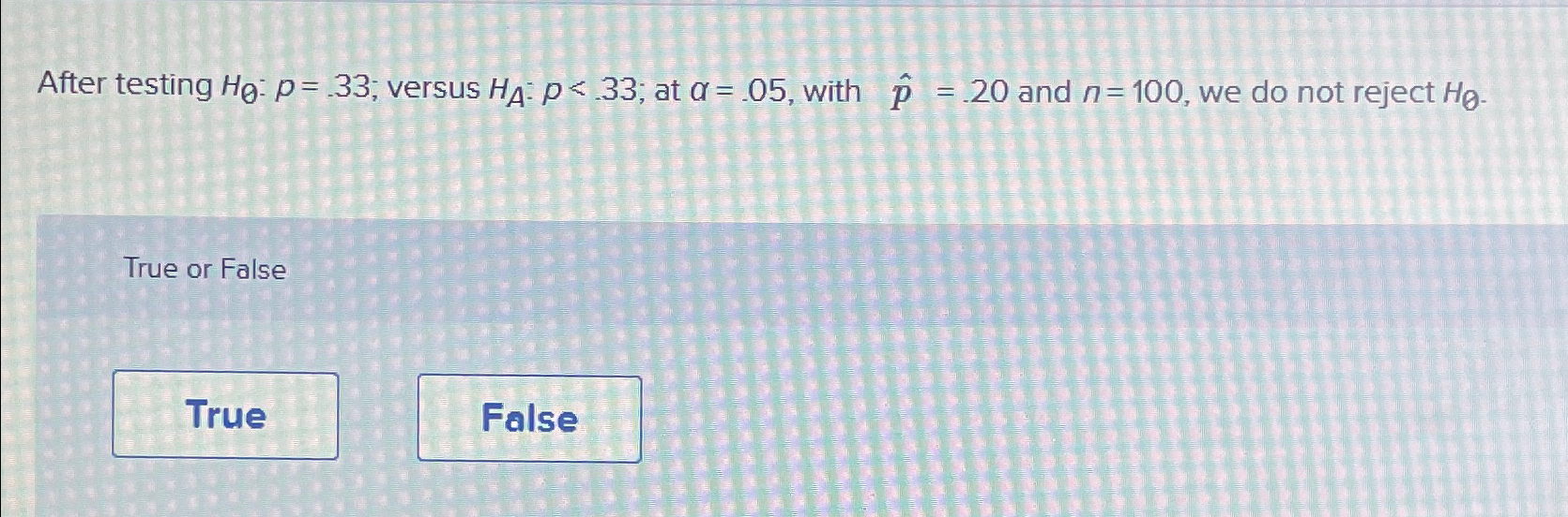  After testing H0:p=.33; versus HA:p33; at =.05, with hat(p)=.20 and n=100,