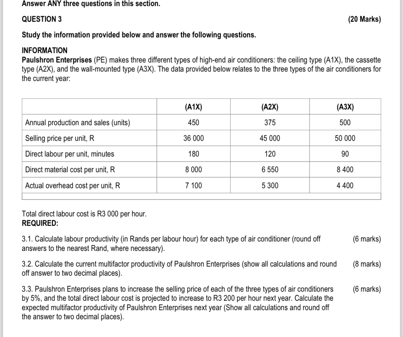  Answer ANY three questions in this section. QUESTION 3 (20 Marks)