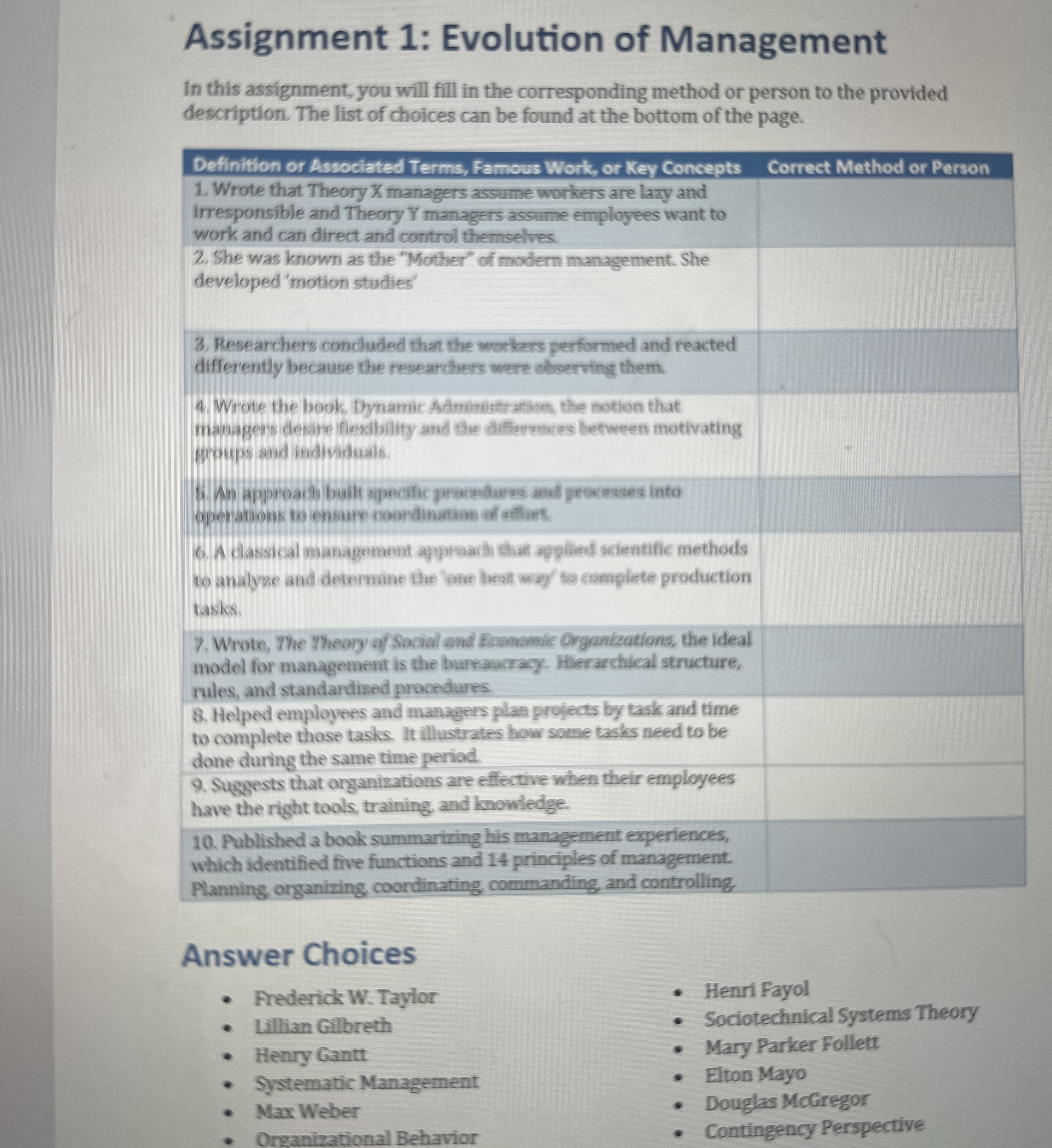  Assignment 1: Evolution of Management In this assignment, you will fill