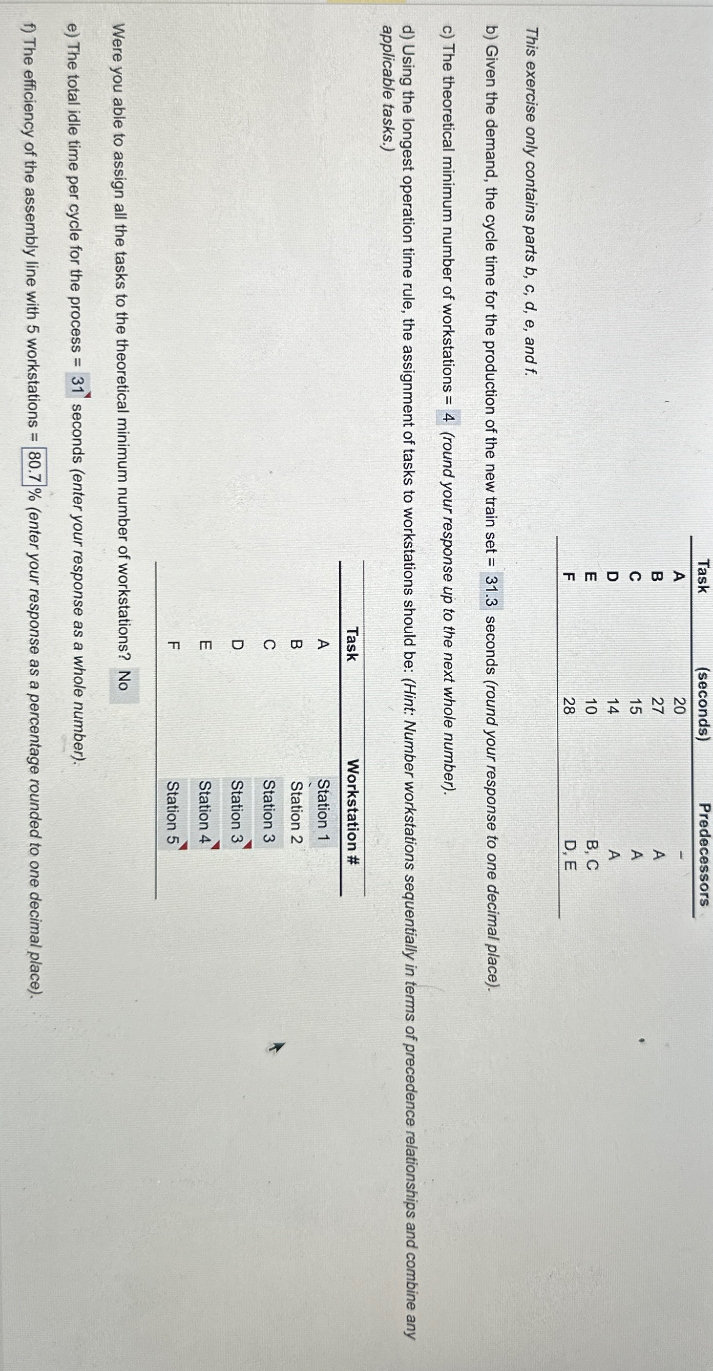  \table[[Task,(seconds),Predecessors],[A,20,-],[B,27,A],[C,15,A],[D,14,A],[E,10,B, C],[F,28,D, E]] This exercise only contains parts b,c,d,e, and f.