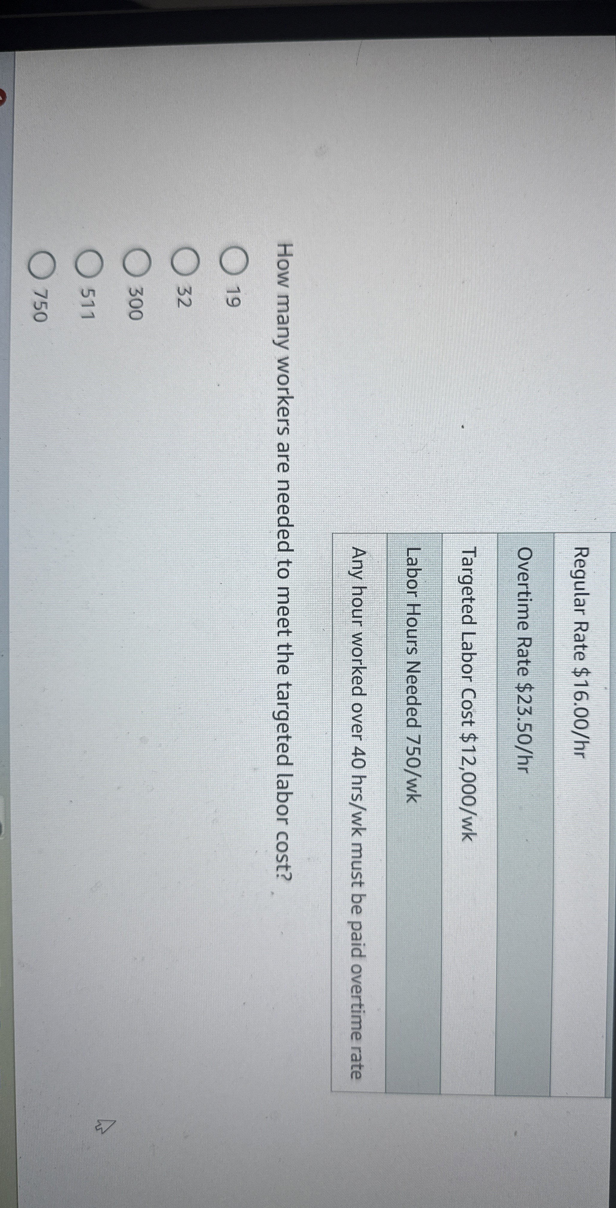  Regular Rate $16.00hr Overtime Rate $23.50hr Targeted Labor Cost $12,000? wk