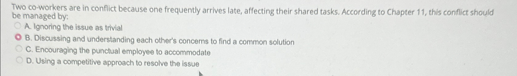  Two co-workers are in conflict because one frequently arrives late, affecting
