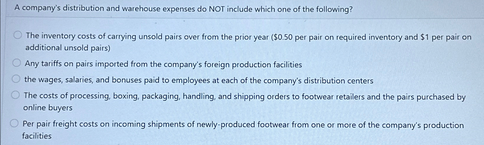  A company's distribution and warehouse expenses do NOT include which one