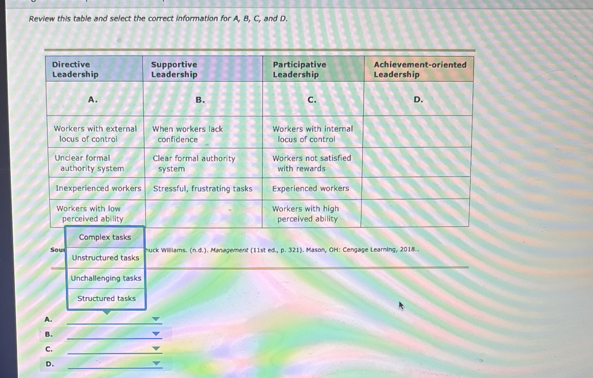  Review this table and select the correct information for A,B,C, and