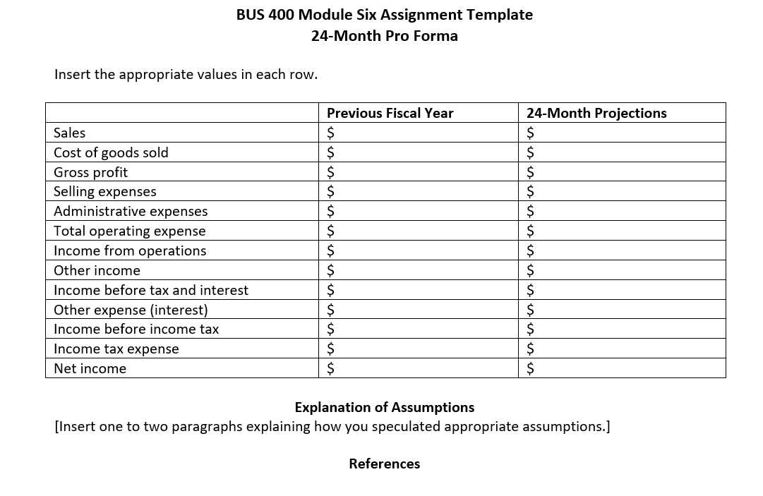  BUS 400 Module Six Assignment Template 24-Month Pro Forma Insert the
