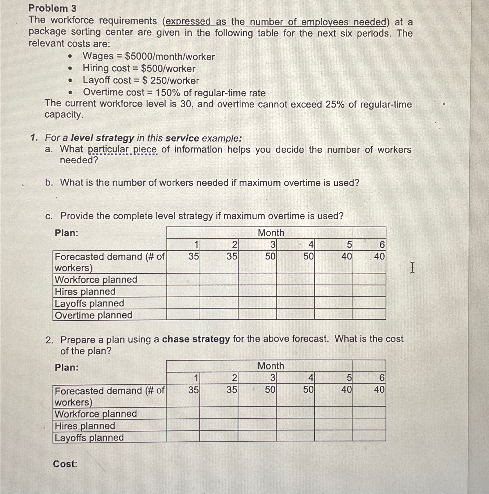  Problem 3 The workforce requirements (expressed as the number of employees