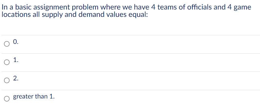  In a basic assignment problem where we have 4 teams of