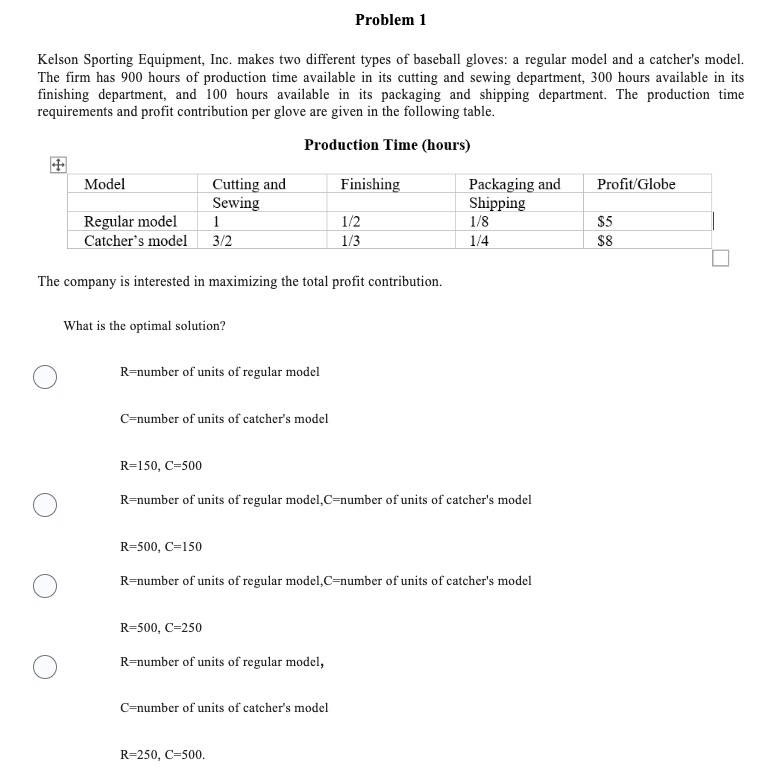  Problem 1 Kelson Sporting Equipment, Inc. makes two different types of