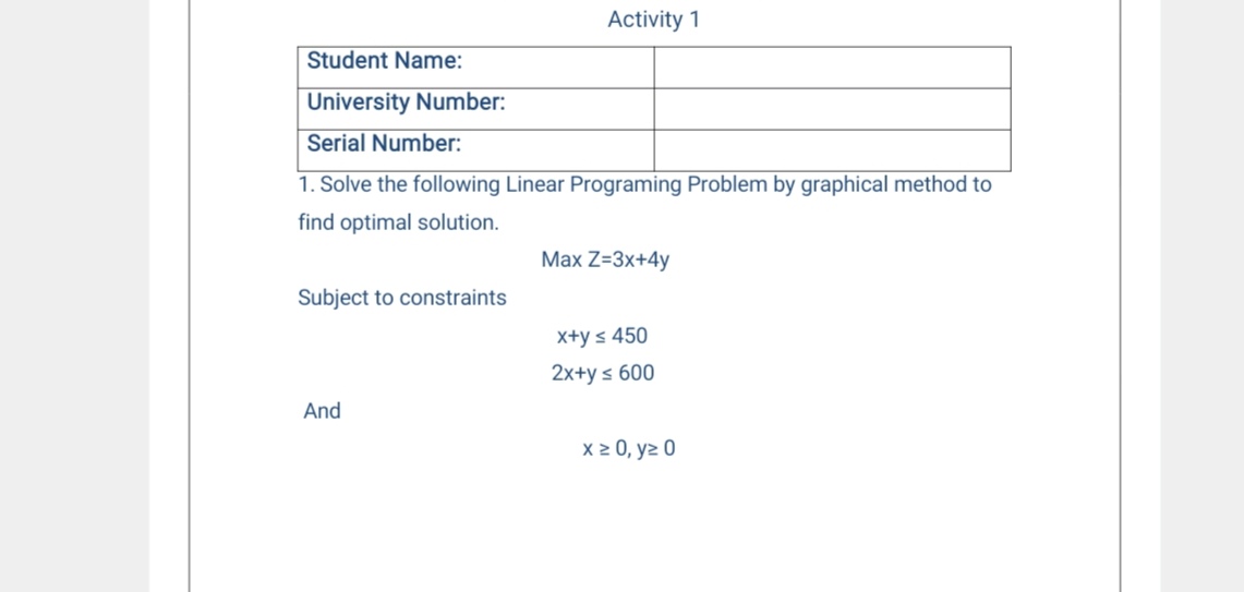  Activity 1 Solve the following Linear Programing Problem by graphical method