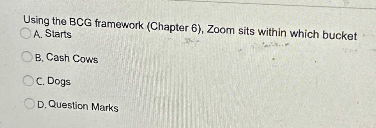  Using the BCG framework (Chapter 6), Zoom sits within which bucket