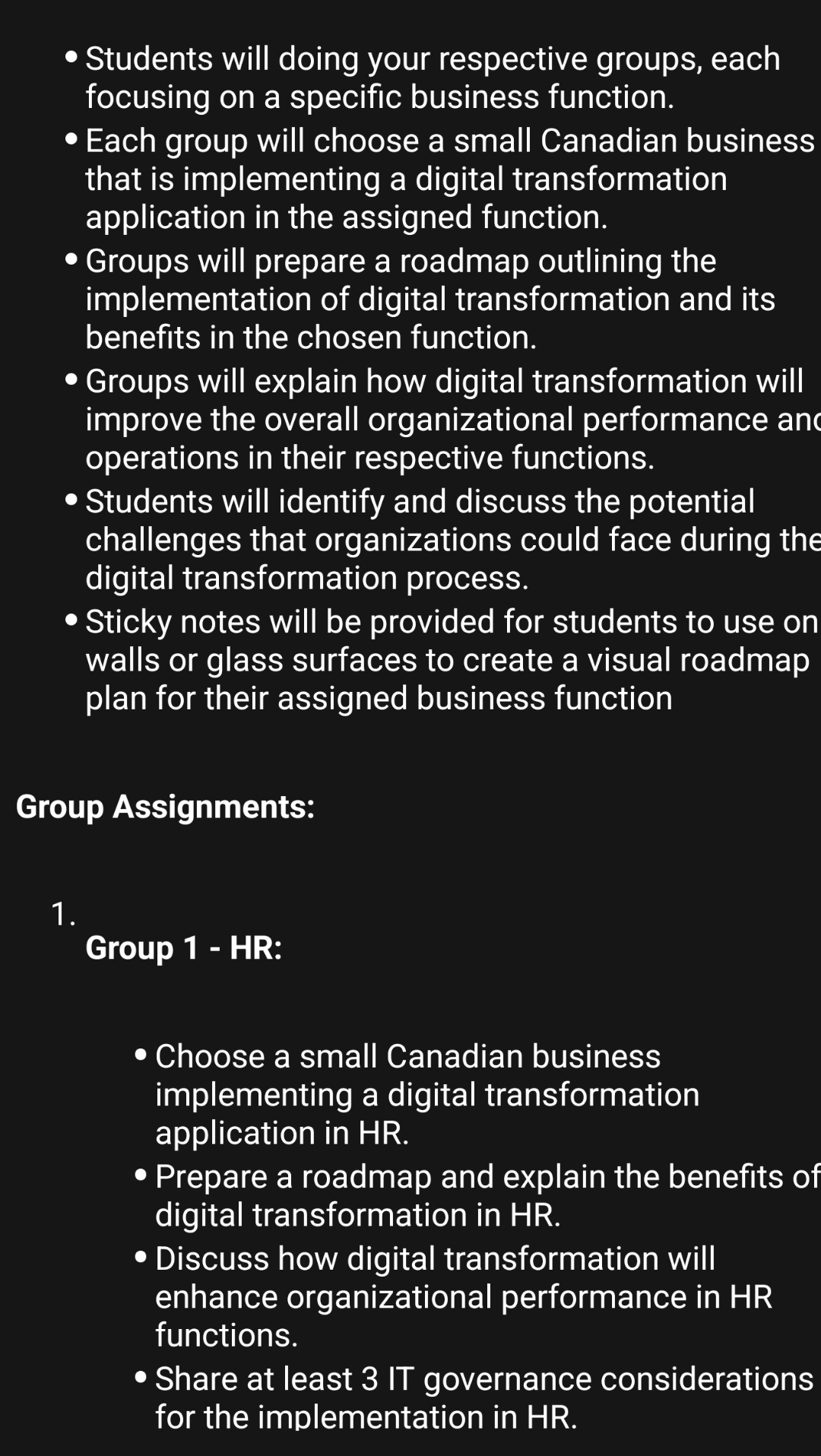  Students will doing your respective groups, each focusing on a specific