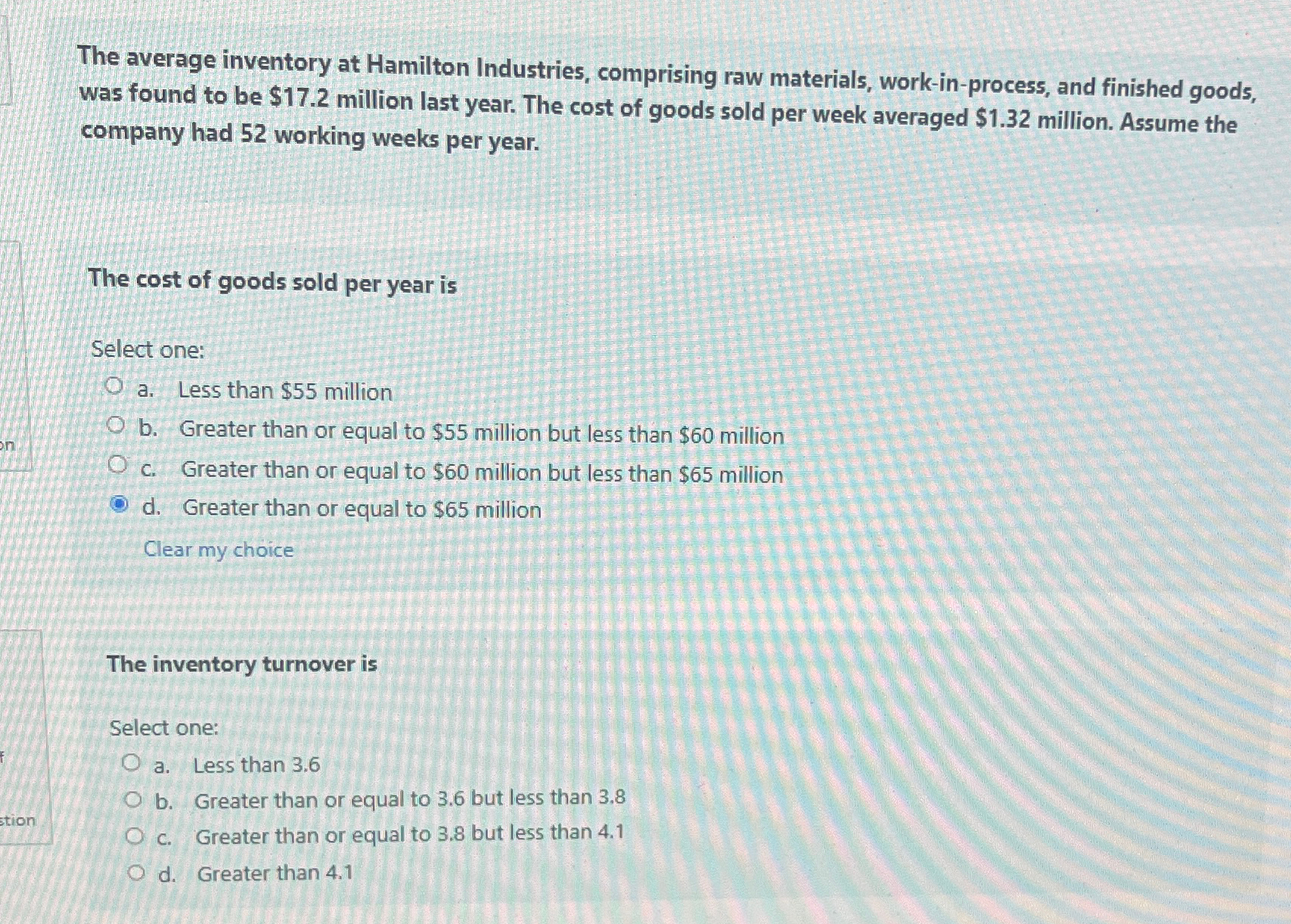  The average inventory at Hamilton Industries, comprising raw materials, work-in-process, and