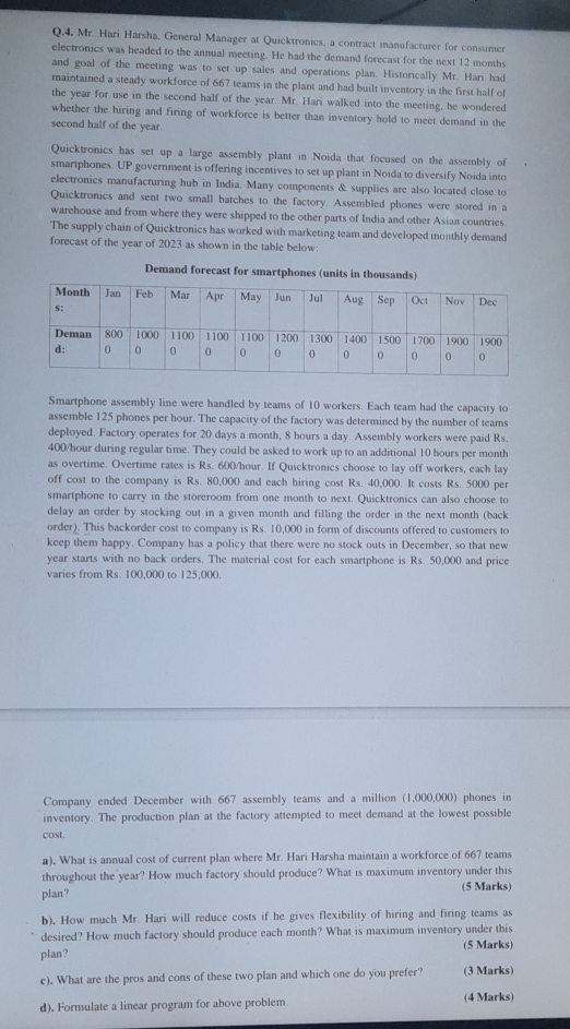  Q.4. Mr. Hari Harsha, General Manager at Quicktronics, a contract manufacturer