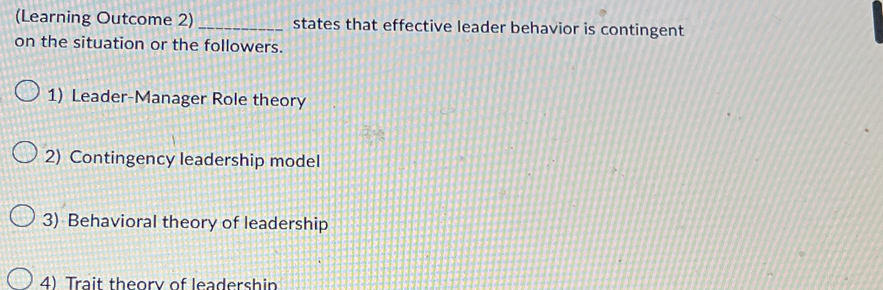  (Learning Outcome 2) states that effective leader behavior is contingent on