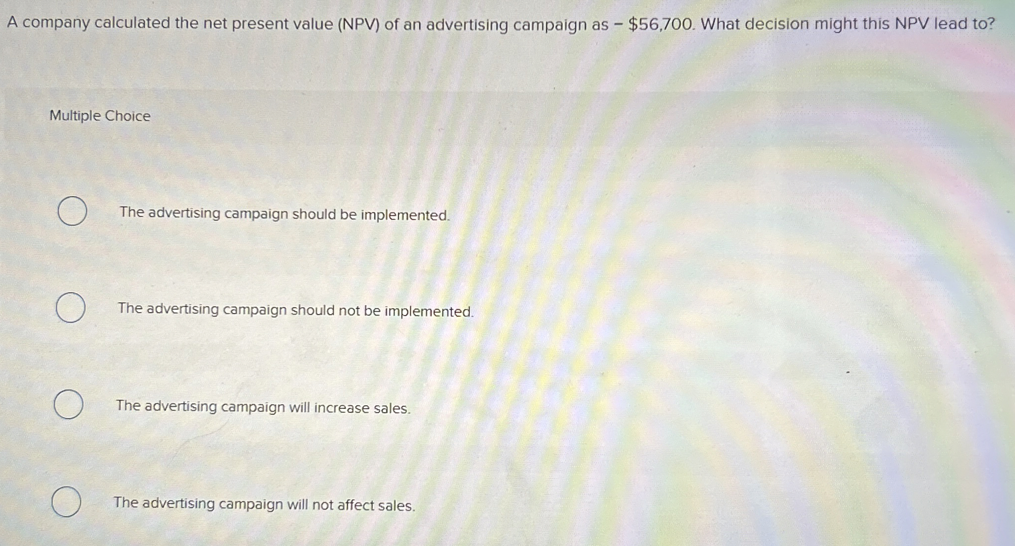  A company calculated the net present value (NPV) of an advertising