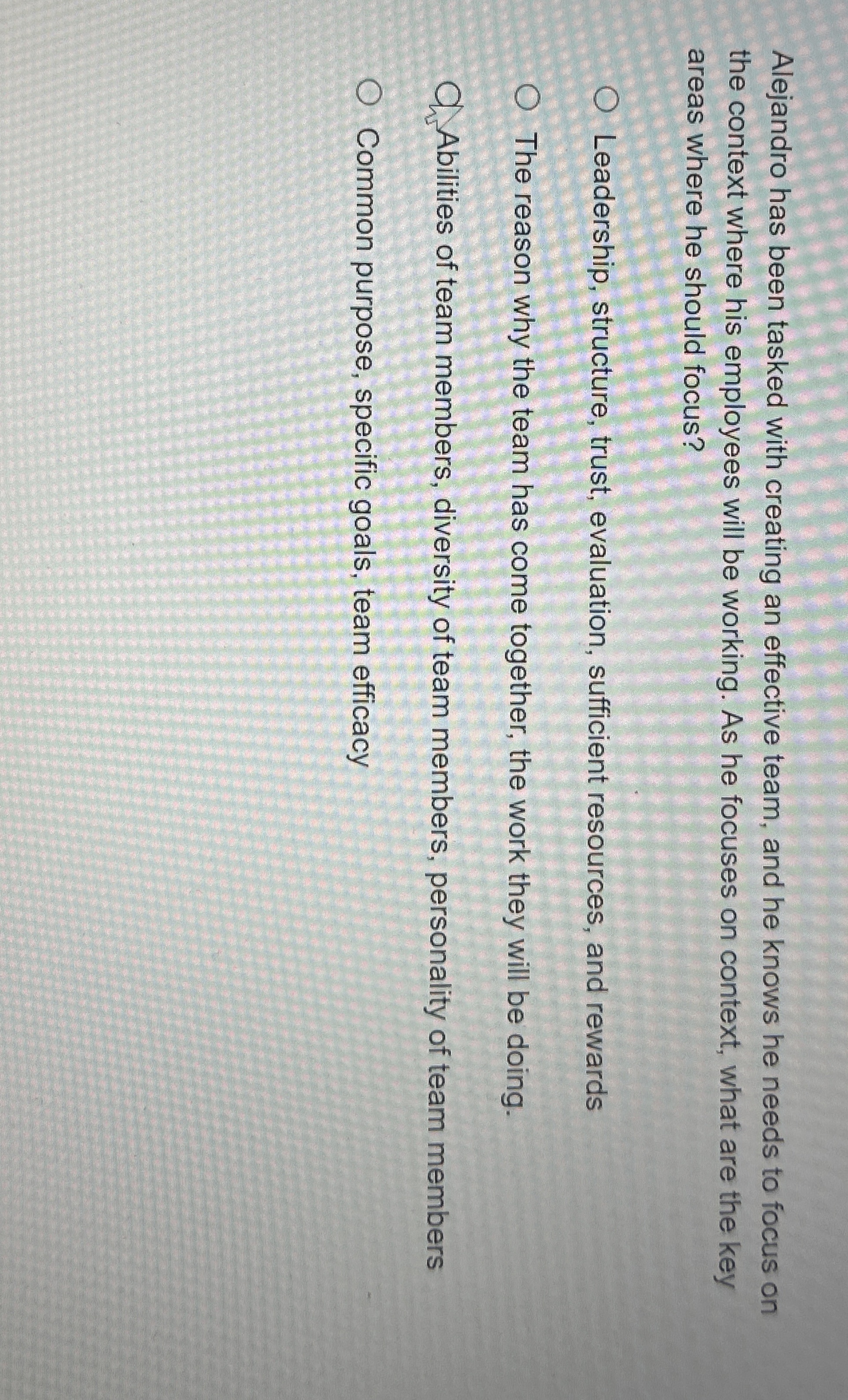  Alejandro has been tasked with creating an effective team, and he