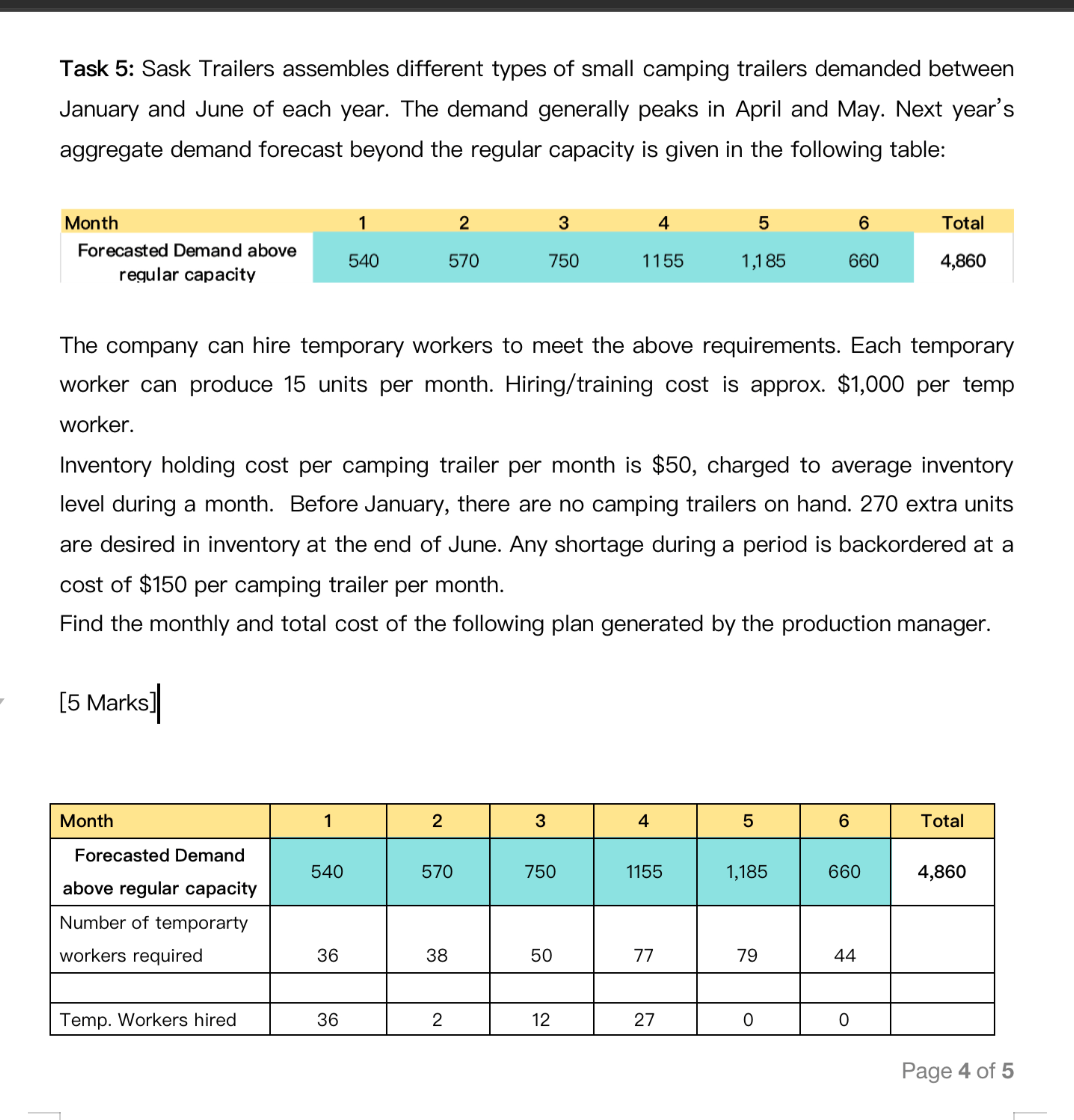  Please solve Task 5 Task 5: Sask Trailers assembles different types