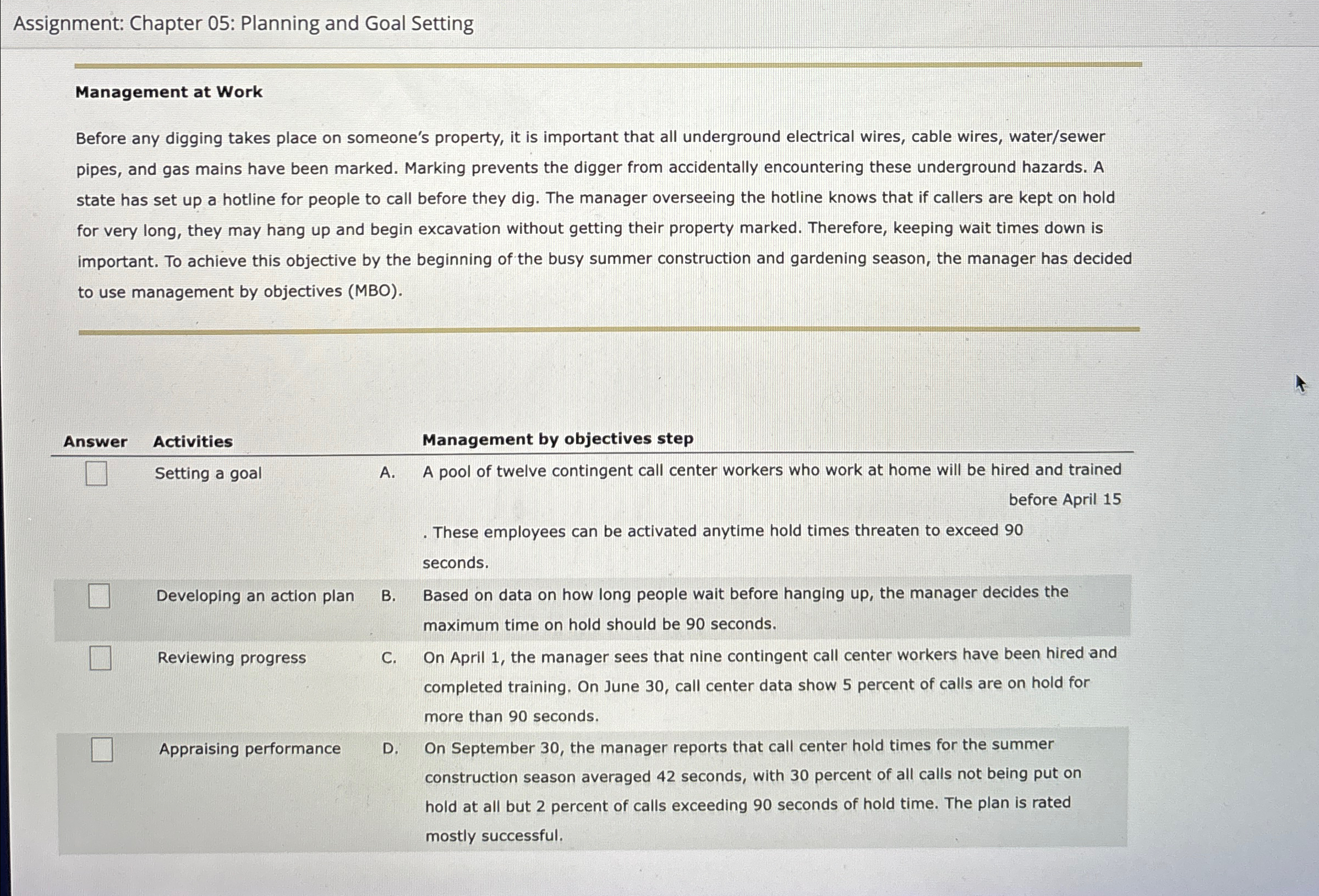  Assignment: Chapter 05: Planning and Goal Setting Management at Work Before