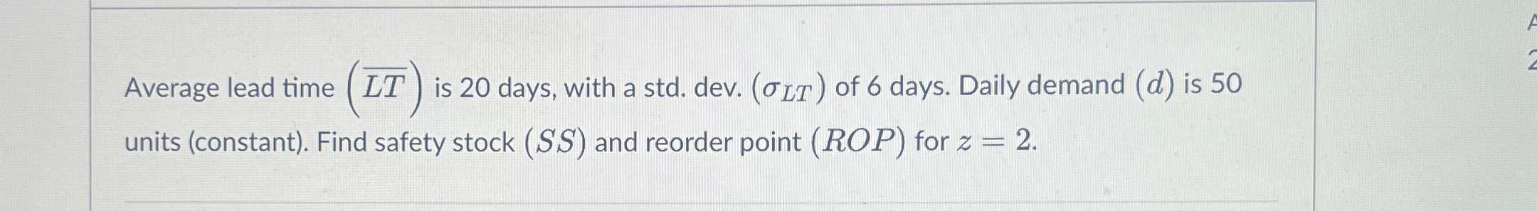  Average lead time (?bar(LT)) is 20 days, with a std. dev.