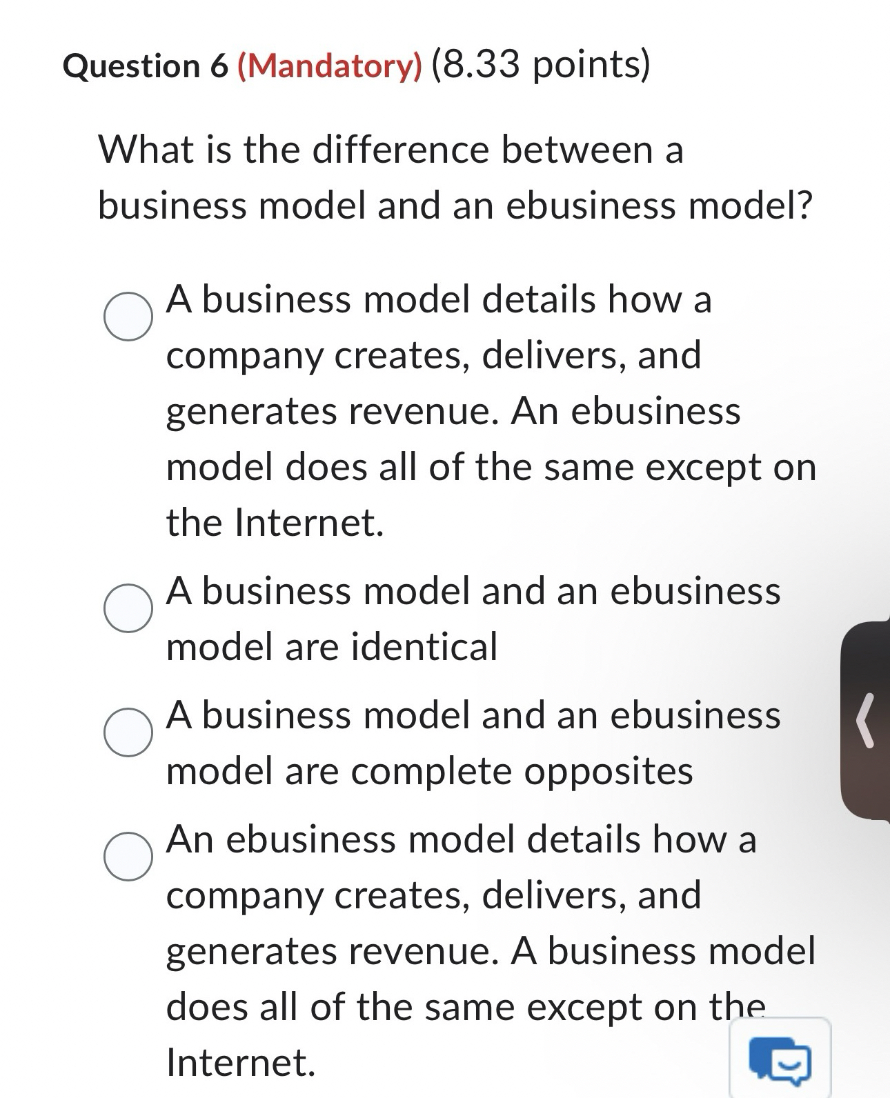  Question 6(Mandatory)(8.33 points) What is the difference between a business model
