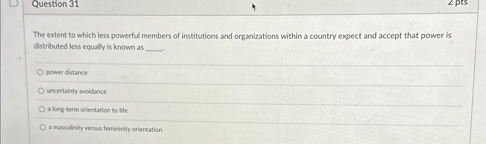  Question 31 The extent to which less powerful members of institutions