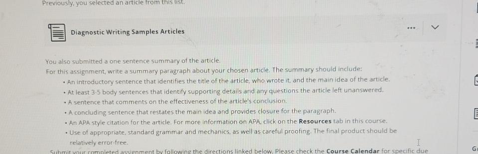  Previously, you selected an article from this list. Diagnostic Writing Samples