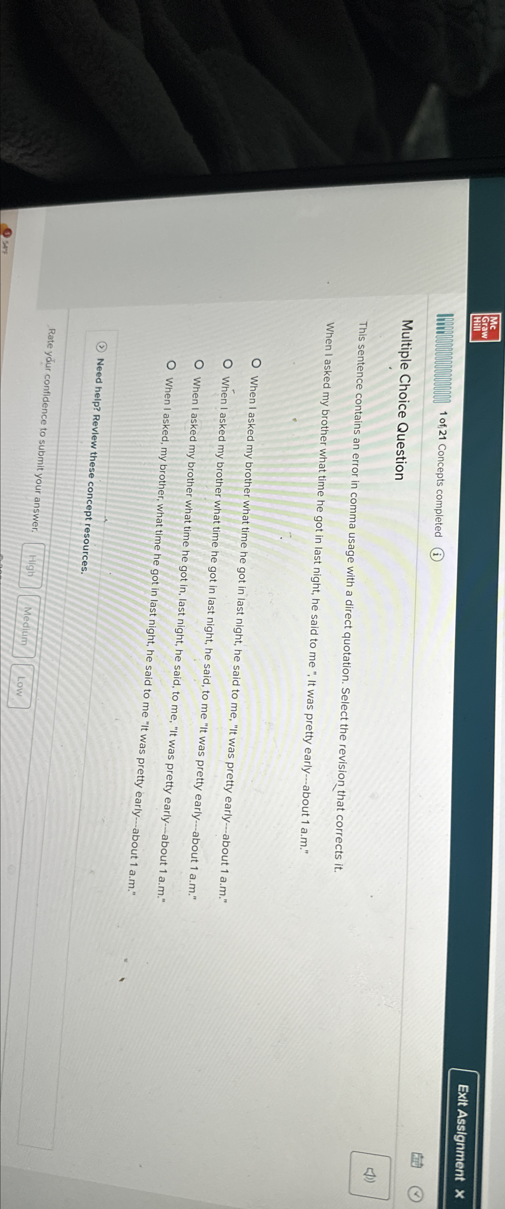  Mc Graw \table[[Graw],[Hill]] Exit Assignment 1 of 21 Concepts completed (i)