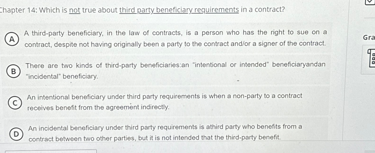  Chapter 14: Which is not true about third party beneficiary requirements