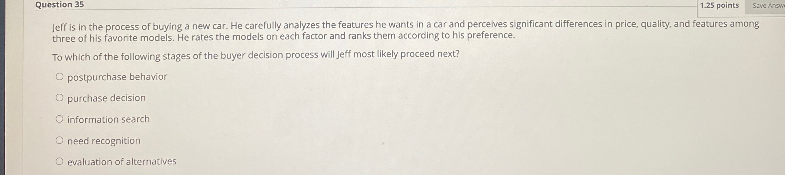  Question 35 1.25 points Save Answ Jeff is in the process