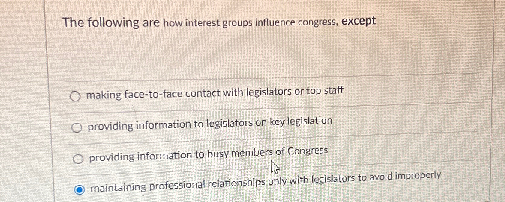  The following are how interest groups influence congress, except making face-to-face
