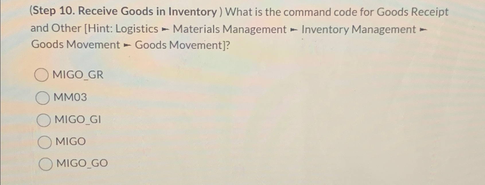  (Step 10. Receive Goods in Inventory) What is the command code