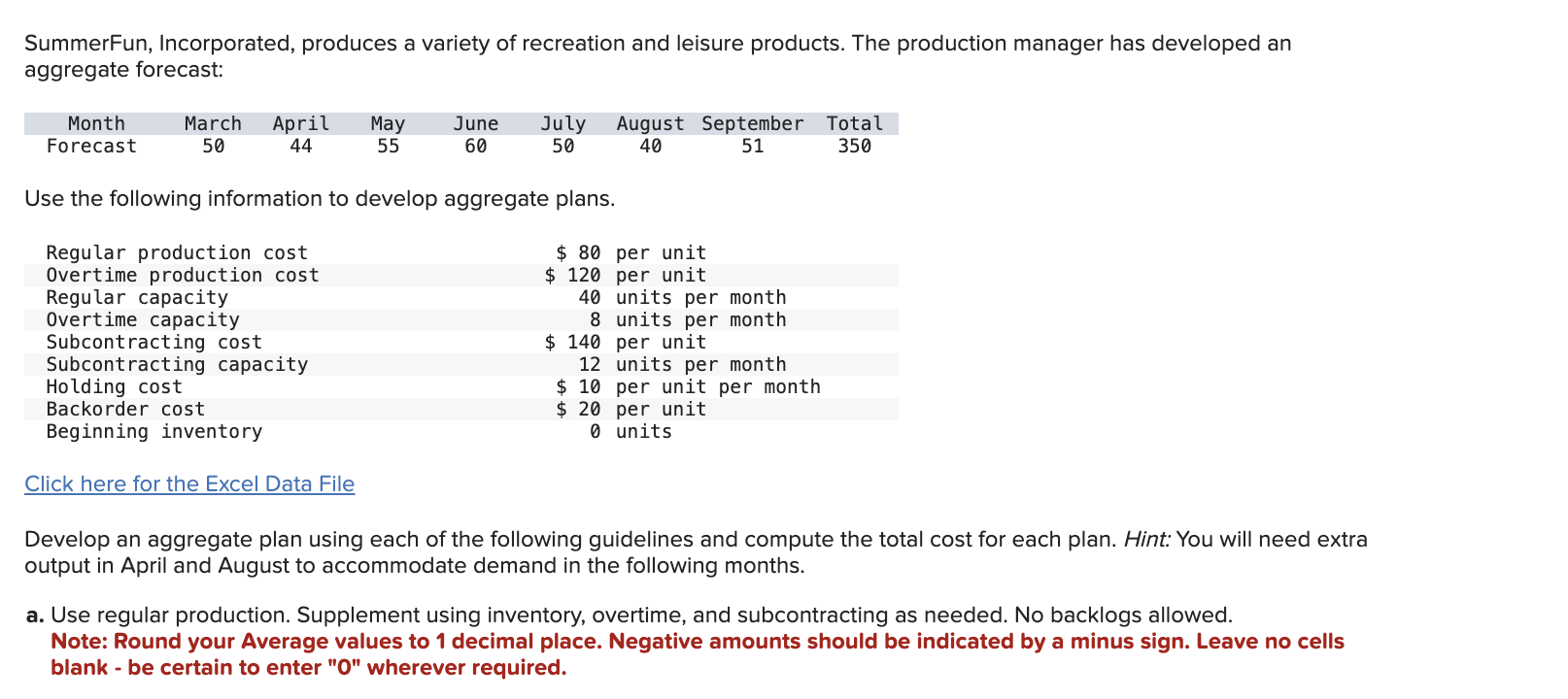  a. Use regular production. Supplement using inventory, overtime, and subcontracting as