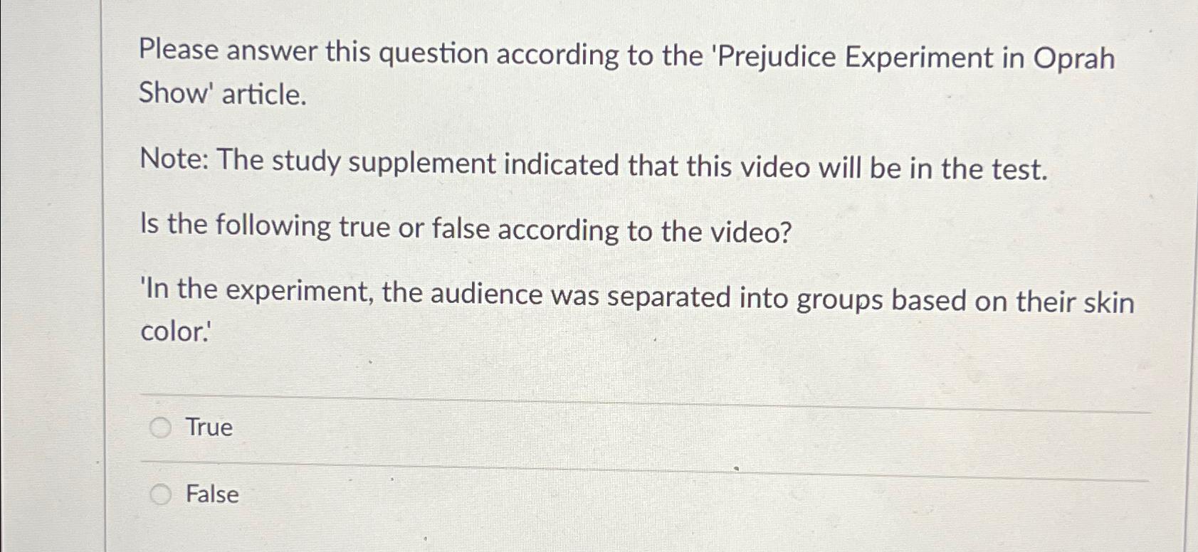  Please answer this question according to the 'Prejudice Experiment in Oprah