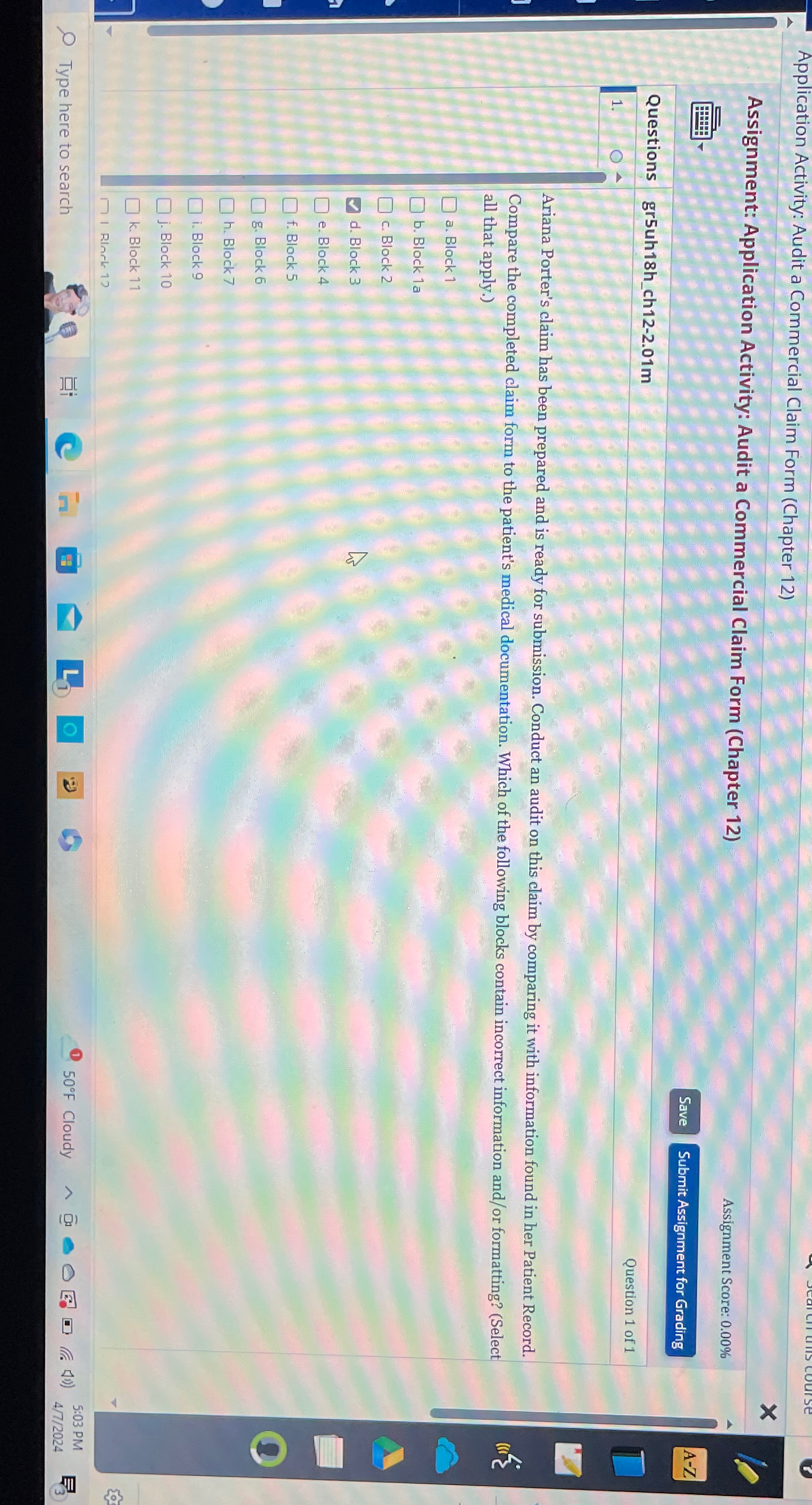  Application Activity: Audit a Commercial Claim Form (Chapter 12) 