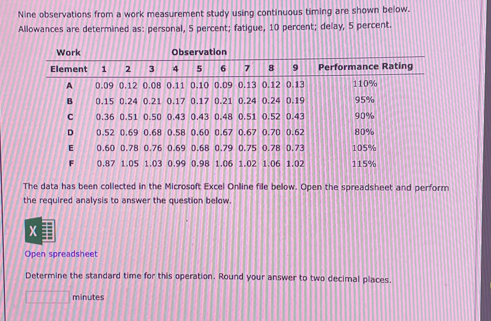  Nine observations from a work measurement study using continuous timing are