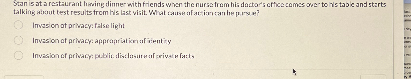  Stan is at a restaurant having dinner with friends when the