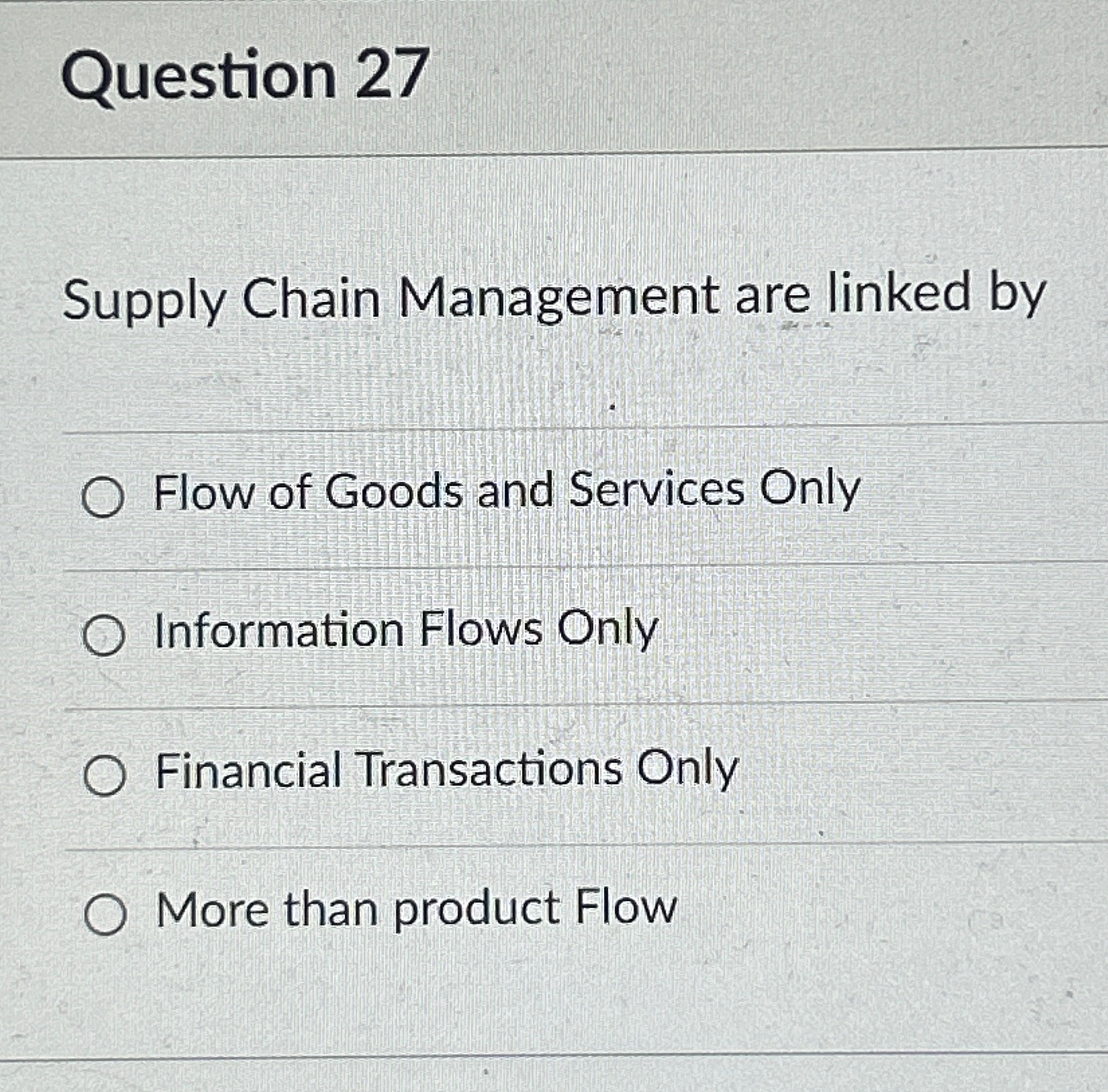  Question 27 Supply Chain Management are linked by Flow of Goods