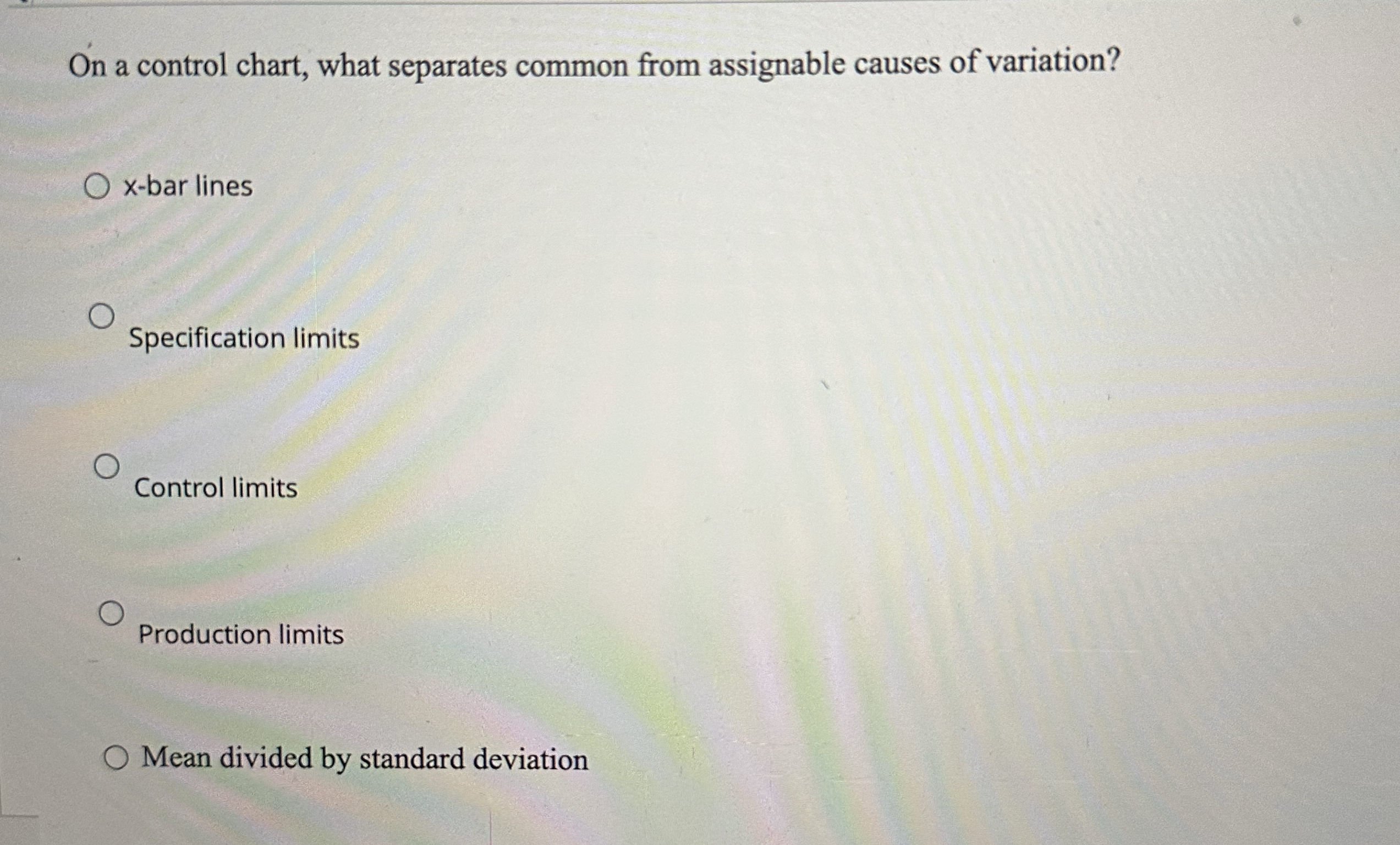  On a control chart, what separates common from assignable causes of