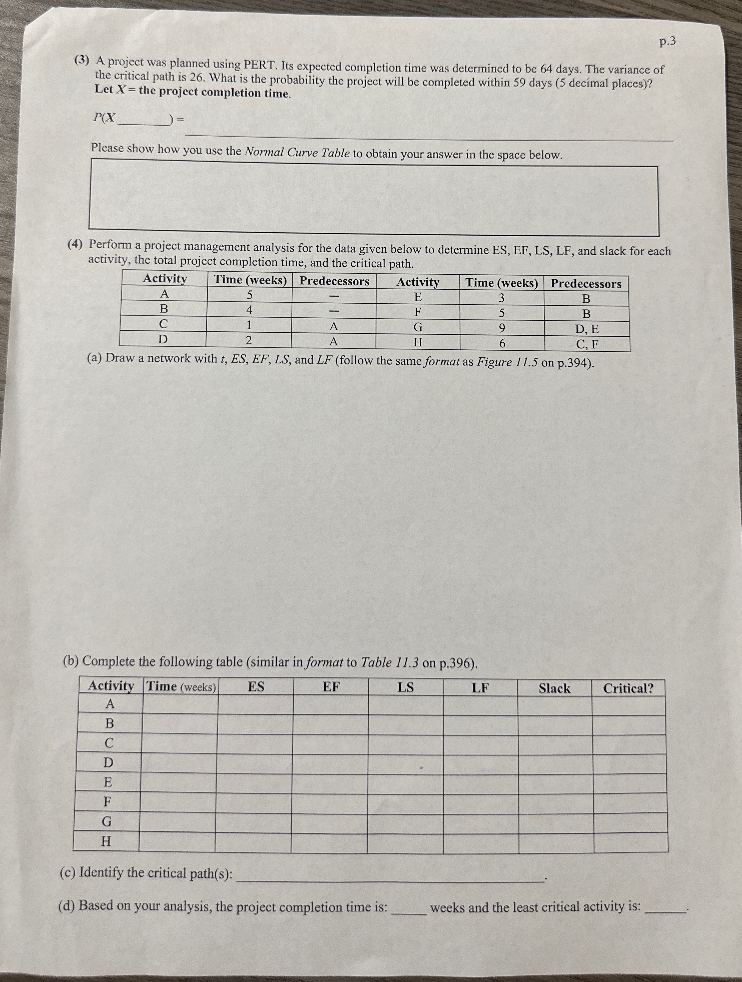  p.3 (3) A project was planned using PERT. Its expected completion