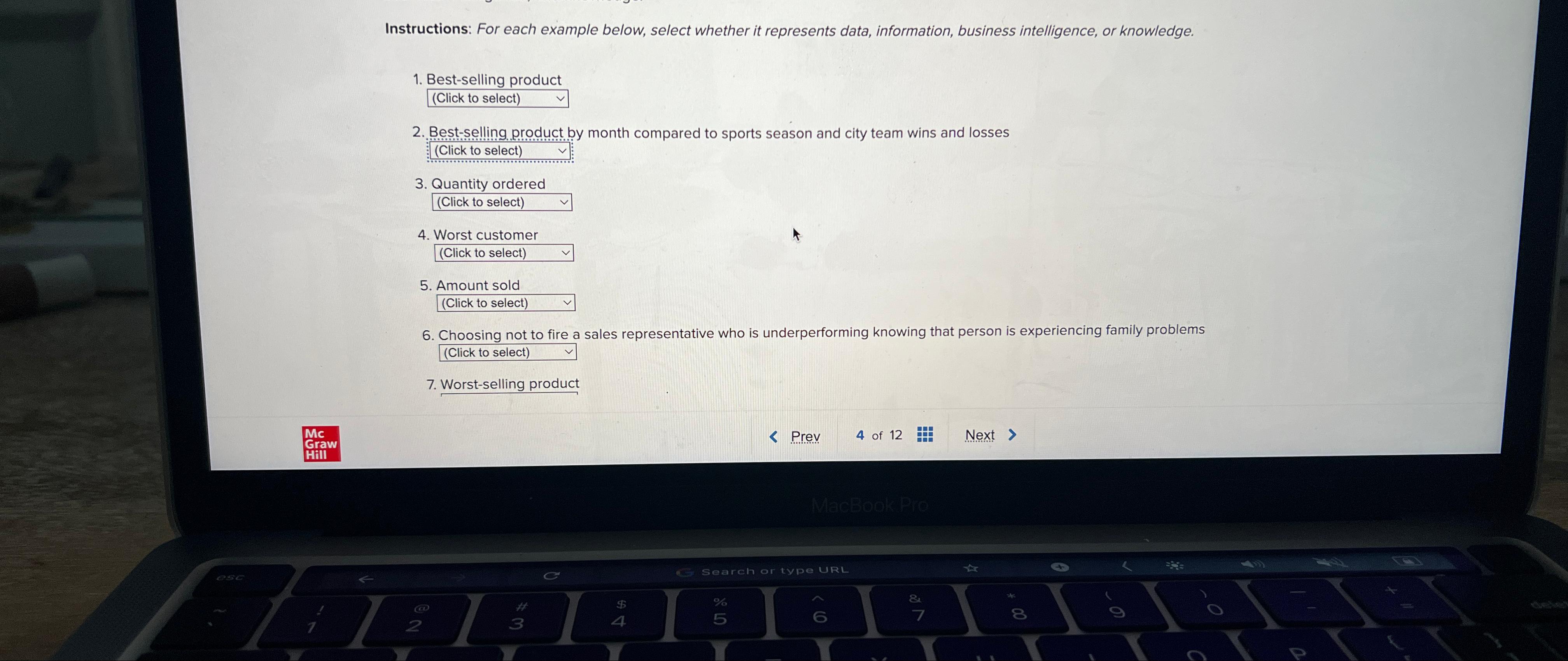  Instructions: For each example below, select whether it represents data, information,