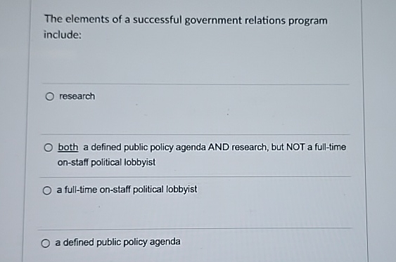  The elements of a successful government relations program include: research both