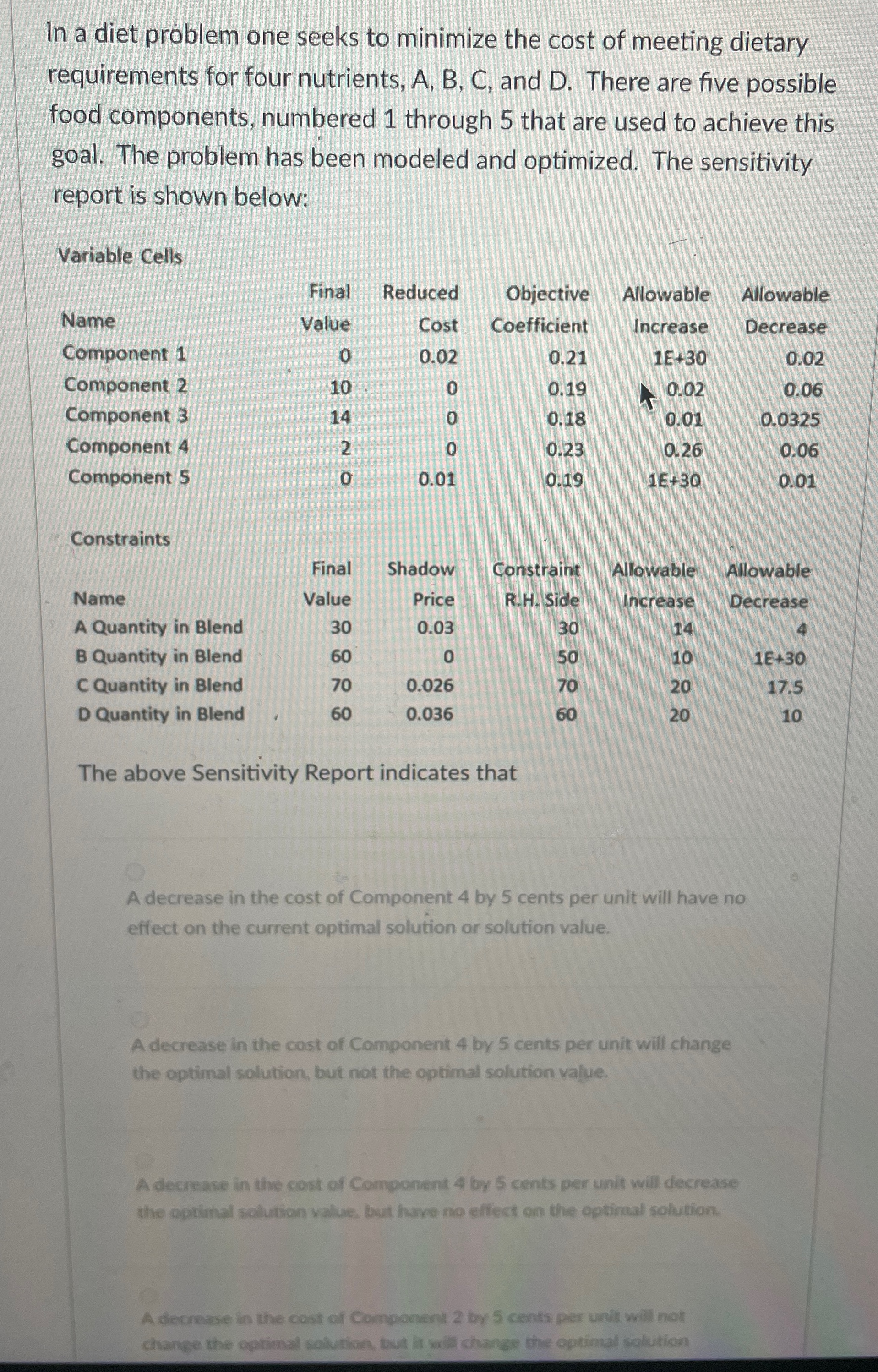  In a diet problem one seeks to minimize the cost of