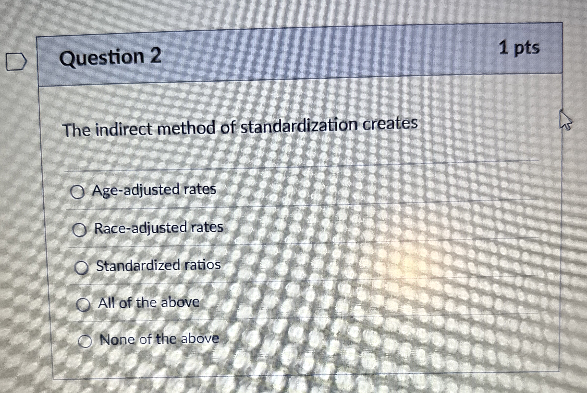  Question 2 The indirect method of standardization creates Age-adjusted rates Race-adjusted