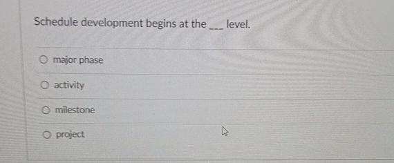  Schedule development begins at the level. major phase activity milestone project
