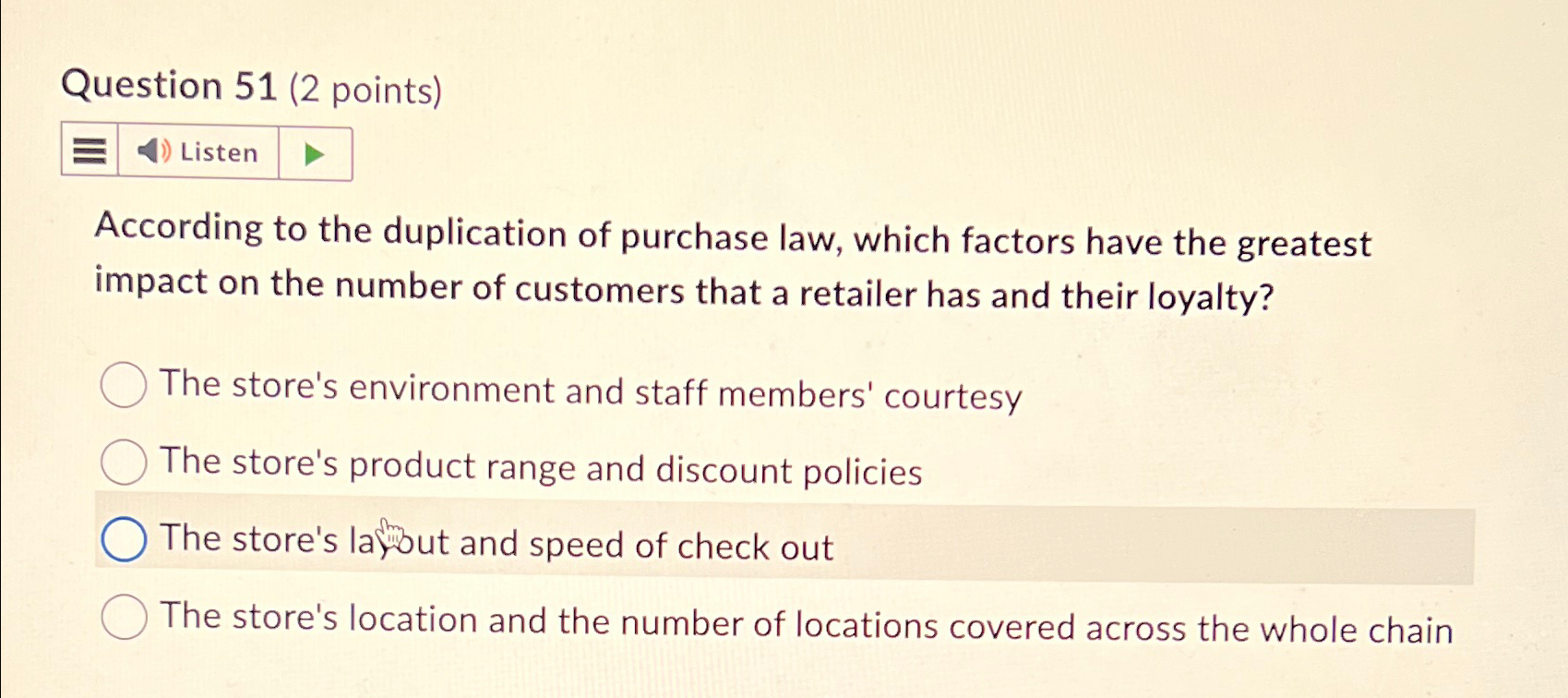  Question 51(2 points) Listen According to the duplication of purchase law,