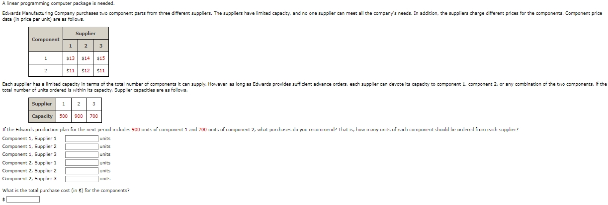  A linear programming computer package is needed. deta (in price per