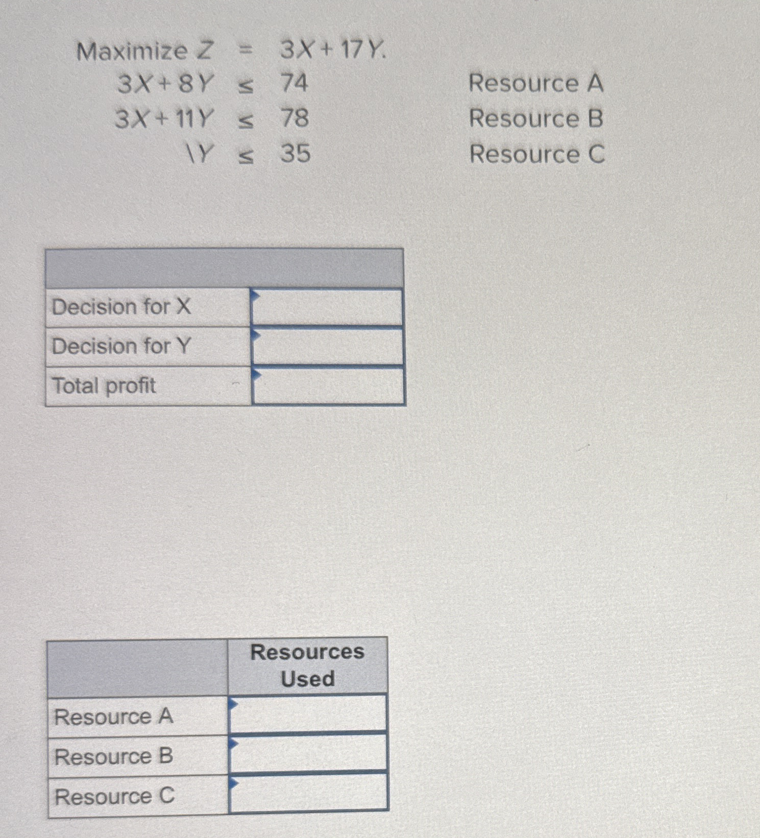  Maximize Z=3x+17Y. 3x+8Y74 3x+11Y78 IY35 \table[[,],[,],[Decision for x,],[Decision for Y,],[Total profit,]]