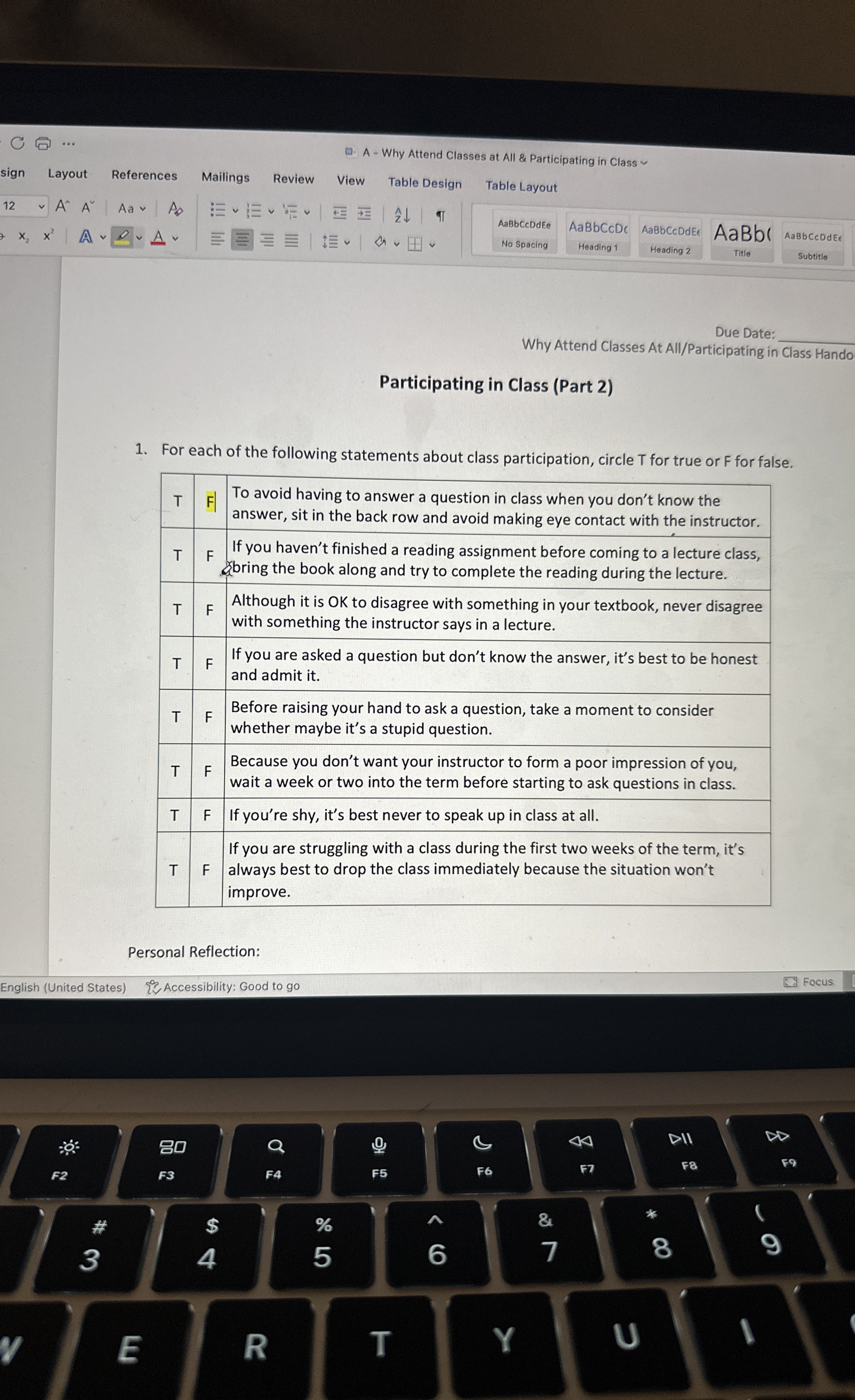  Due Date: q, Why Attend Classes At All/Participating in Class Hando
