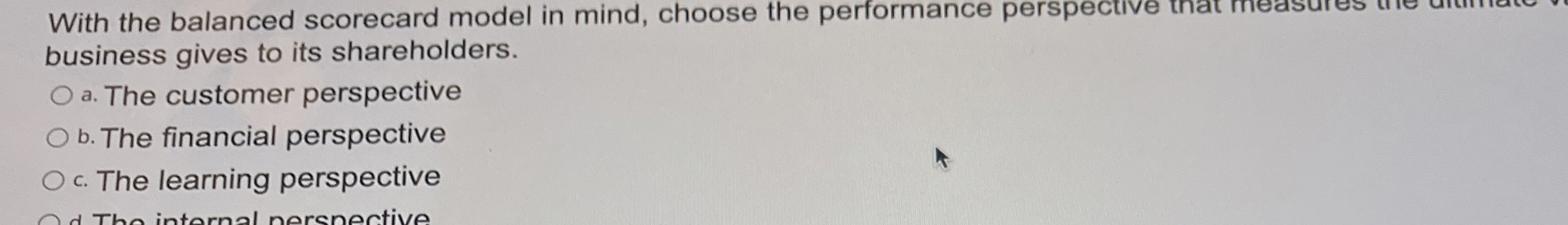  With the balanced scorecard model in mind, choose the performance perspective