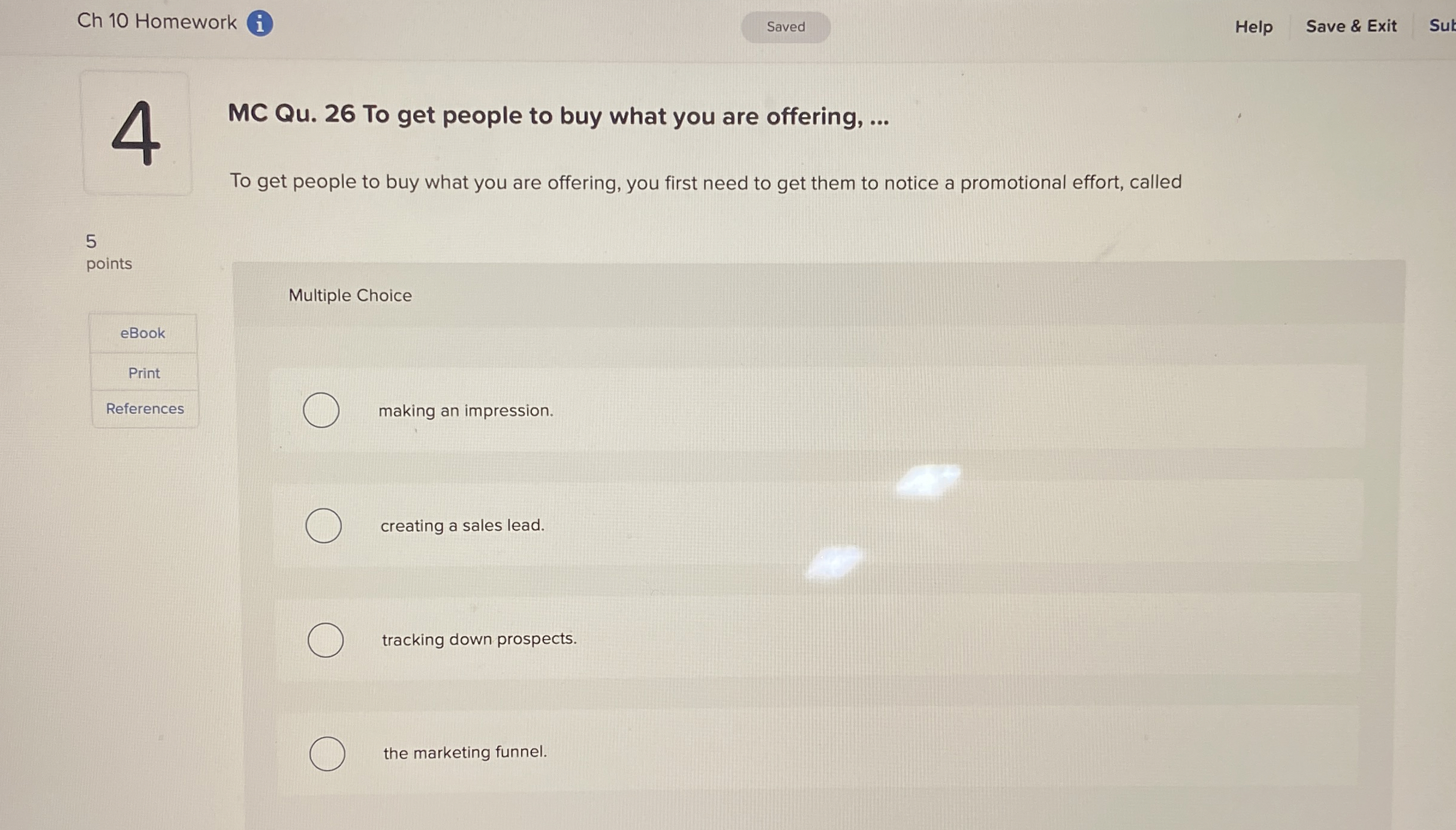  Ch 10 Homework (i Help Save & Exit Sub 4.MC Qu.26
